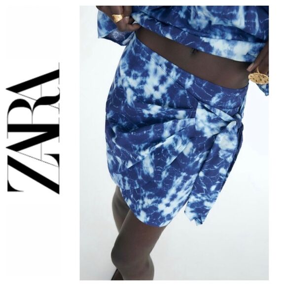 NWT Zara Blue Tie Dye Wrap Style Knot Detail Sarong Mini Skirt, Size XS - Picture 1 of 16